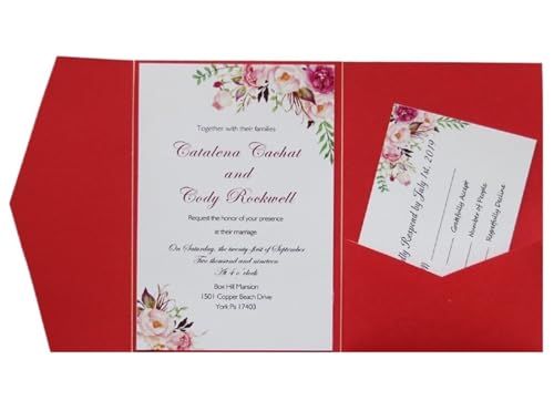 Hochzeitseinladungen Karte 50 Sets dreifach gefaltete Hochzeitseinladungskarten mit Taschen, individueller Druck, Verlobung, XV. Geburtstag, Taufeinladungen ( Color : Red , Size : Whole Set Customize von HKYBCF