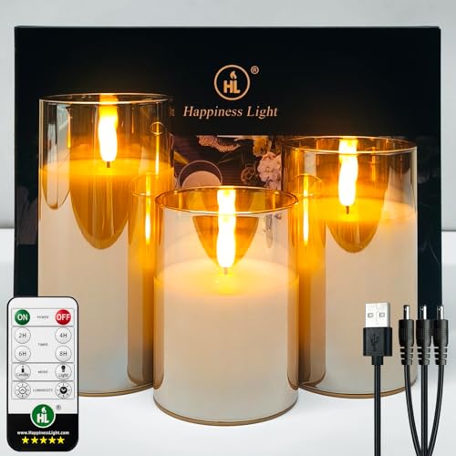 HL LED Kerzen Flammenlose im Glas, Wiederaufladbare mit Fernbedienung Timer Flackernde Kerzen, für Hochzeit Festival Weihnachten Home Decor, Set aus 3 Wachs Säulenkerzen, Gold von HL