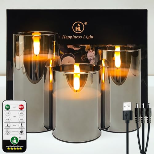 HL LED Kerzen Flammenlose im Glas, Wiederaufladbare mit Fernbedienung Timer Flackernde Kerzen, für Hochzeit Festival Weihnachten Home Decor, Set aus 3 Wachs Säulenkerzen, Grau von HL