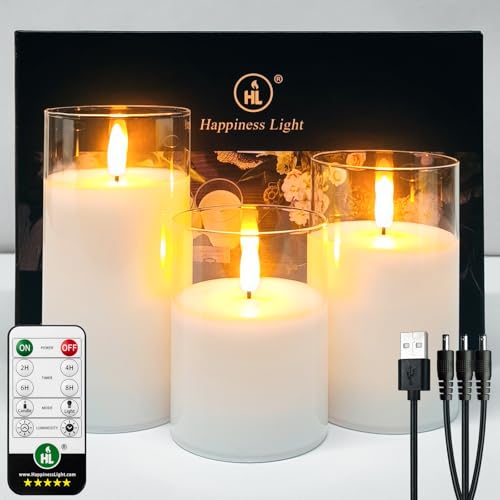 HL LED Kerzen Flammenlose im Glas, Wiederaufladbare mit Fernbedienung Timer Flackernde Kerzen, für Hochzeit Festival Weihnachten Home Decor, Set aus 3 Wachs Säulenkerzen, Weiß von HL