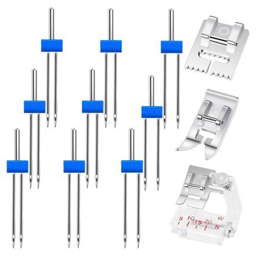 9 Pieces Multifunktionale Zwillingsnadel Mit 3 Nähpressgeräuschfuß Zum Nähprojekt Nähmaschinennadel 2/90 3/90 4/90 von HLBEST