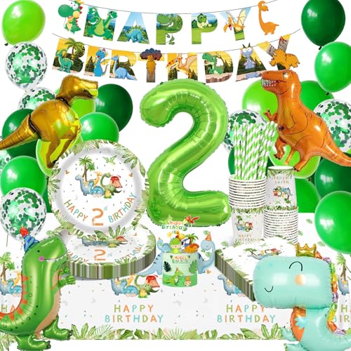 HLEIUKT Dino Geburtstag Deko 2 jahre, Dino Geschirr Deko Kindergeburtstag, Dinosaurier Partygeschirr mit Luftballon Pappteller Servietten Becher Tischdecke für 2 Jahre Mädchen Junge Party 16 Gäste von HLEIUKT