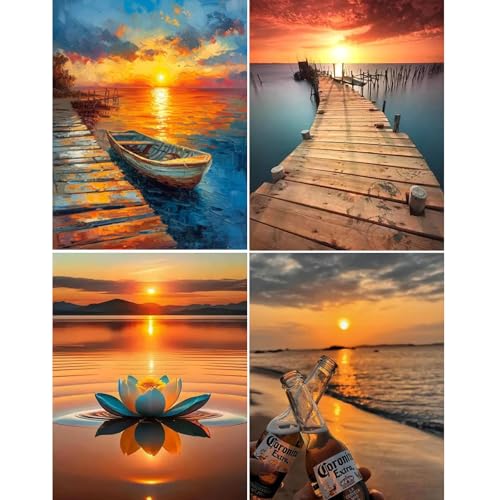 HLEIUKT Diamond Painting Erwachsene Kinder, 4 Stück Sonnenuntergang Diamant Painting Bilder, DIY Diamond Painting Full Drill Set für Home Wall Decor Geschenke 30 x 40cm von HLEIUKT