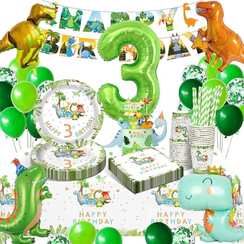 HLEIUKT Dino Geburtstag Deko 3 jahre, Dino Geschirr Deko Kindergeburtstag, Dinosaurier Partygeschirr mit Luftballon Pappteller Servietten Becher Tischdecke für 3 Jahre Mädchen Junge Party 16 Gäste von HLEIUKT