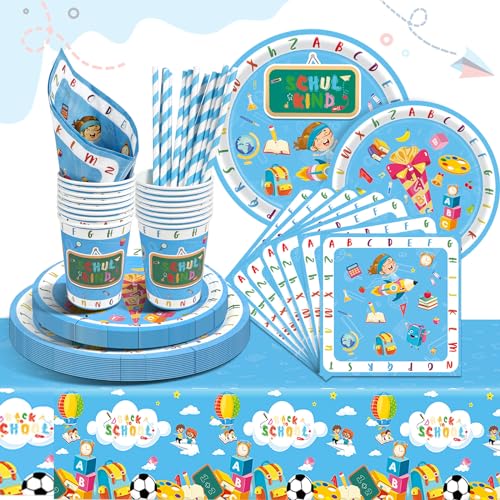 HLEIUKT Einschulung Partygeschirr Set, 101Stück Schulanfang Pappgeschirr Set, Einschulung Party Geschirrset mit Pappteller Blau Pappteller Rund Pappbecher Becher Servietten und Tischdecke(20 Gäste) von HLEIUKT