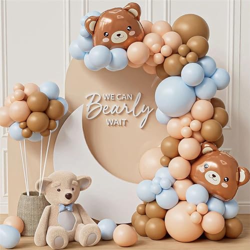 HLEIUKT Luftballon Girlande Blau Braun, 95 Stück Brauner Bär Thema Luftballon Party Dekoration, Ballon Girlande Set für Babyparty Deko Geburtstagsdeko Mädchen Graduierung Hochzeitsdeko von HLEIUKT