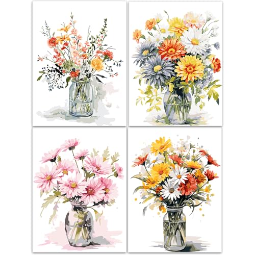 HLEIUKT Malen Nach Zahlen Blumen, 4 Pack Malen Nach Zahlen Erwachsene Anfänger, Paint by Numbers DIY Ölgemälde Leinwand Kit für Home Wand Dekor Ohne Rahmen 30X40CM von HLEIUKT