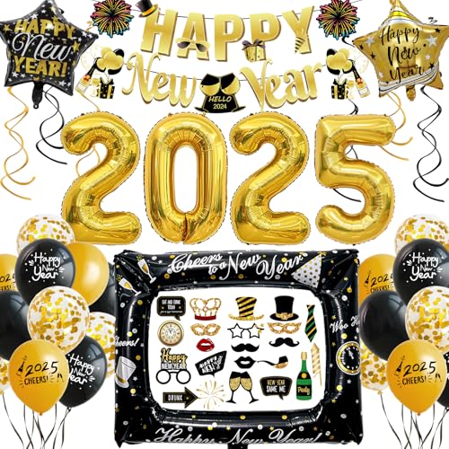 Silvester Deko 2025 XXL Dekoration Set, Neujahr Deko 2025 Schwarz Gold, Happy New Year Girlande, Folienballons, Fotorequisiten, Konfetti Ballons, Neujahrsdeko Accessoire für Silvesterparty von HLEIUKT