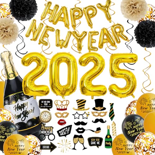 Silvester Deko 2025 XXL Dekoration Set, Neujahr Deko 2025 Schwarz Gold, Happy New Year Luftballon, Folienballons, Fotorequisiten, Konfetti Ballons, Silvesterparty Neujahrsdeko Accessoire von HLEIUKT