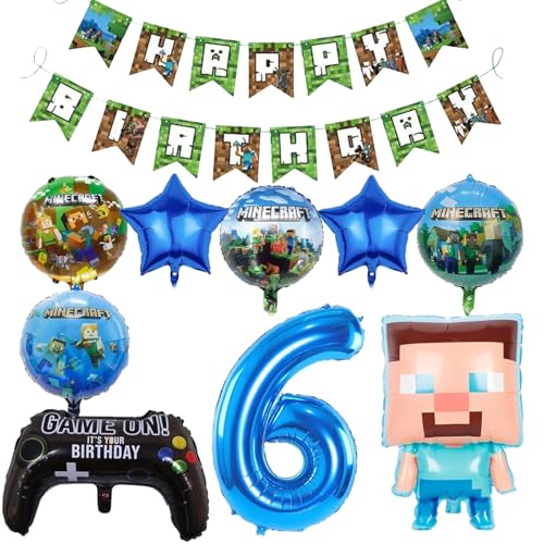 Kindergeburtstag Deko Ballon-Set,Luftballon Geburtstag 6 Jahre Jungen,Junge Miner Gamer Luftballon Geburtstag,Miner Gamer Luftballon Geburtstag 6 Jahre für Kinder Junge und Mädchen Partydekorationen von HLFMQZEI