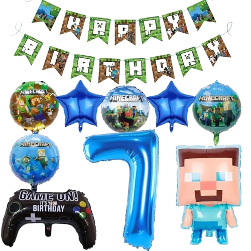 Kindergeburtstag Deko Ballon-Set,Luftballon Geburtstag 7 Jahre Jungen,Junge Miner Gamer Luftballon Geburtstag,Miner Gamer Luftballon Geburtstag 7 Jahre für Kinder Junge und Mädchen Partydekorationen von HLFMQZEI