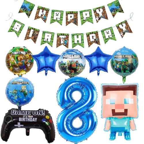 Kindergeburtstag Deko Ballon-Set,Luftballon Geburtstag 8 Jahre Jungen,Junge Miner Gamer Luftballon Geburtstag,Miner Gamer Luftballon Geburtstag 8 Jahre für Kinder Junge und Mädchen Partydekorationen von HLFMQZEI