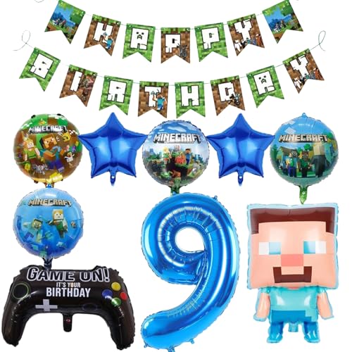 Kindergeburtstag Deko Ballon-Set,Luftballon Geburtstag 9 Jahre Jungen,Junge Miner Gamer Luftballon Geburtstag,Miner Gamer Luftballon Geburtstag 9 Jahre für Kinder Junge und Mädchen Partydekorationen von HLFMQZEI