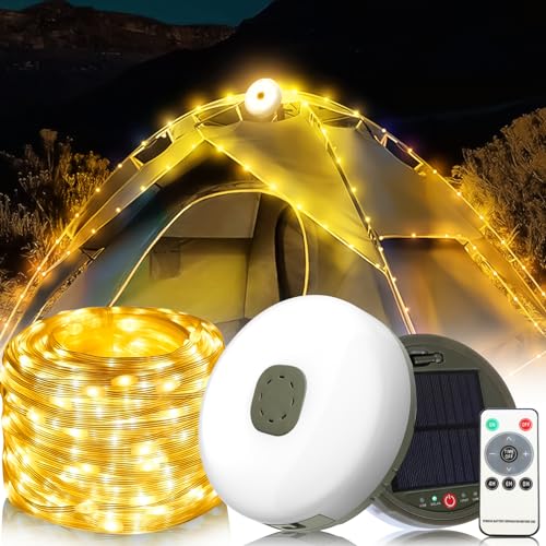 Camping Lichterkette Aufrollbar mit Fernbedienung Solarbetrieben mit Zeitfunktion Wasserdichte Tragbare LED Lichterkette 10m, 8 Modi USB Wiederaufladbare Campinglampe für Camping Garten und Wandern von HLJS