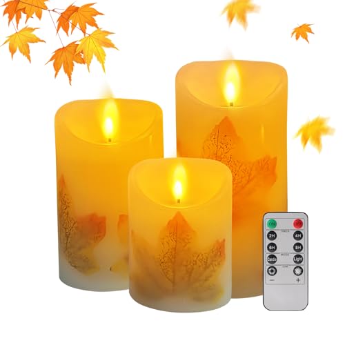 HLJS LED Kerzen, Herbstliche Ahornblattkerze, Herbstliches LED-Kerzenlicht, Outdoor-Batterie Betriebene LED-Säule Kerzen mit Fernbedienung Timer, Flackernde Flamme, 3er-Set (01) von HLJS