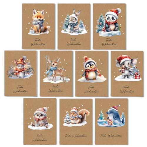 Weihnachtskarten mit Umschlag Set (20 Stück) - 10 Tiermotive, je 2 Stück - A6 Klappkarten - christmas cards - Lustige Weihnachtskarten zum Versenden von Wünschen an Ihre Familienmitglieder von HLLMploy