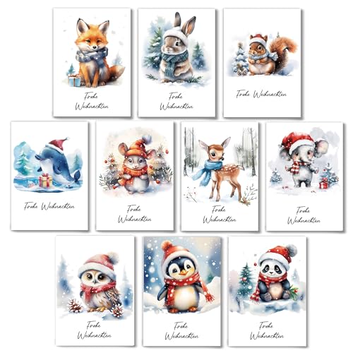 Weihnachtskarten mit Umschlag Set (20 Stück) - 10 Tiermotive, je 2 Stück - A6 Klappkarten - christmas cards - lustige Weihnachtskarten - Tier weiß von HLLMploy