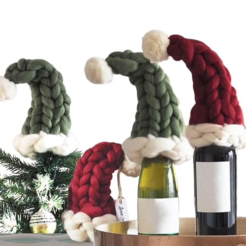 HLMNAKE 2 Stück Weinflasche-Nikolausmütze aus Kernfüllung Baumwolle, Weihnachtsmütze Extra Dickes Gestricktes Core Cotton für Flasche Weihnachtsbaum Urlaubs Dekoration (burgunderrot + grün) von HLMNAKE