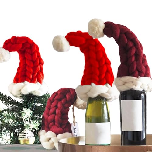 HLMNAKE 2 Stück Weinflasche-Nikolausmütze aus Kernfüllung Baumwolle, Weihnachtsmütze Extra Dickes Gestricktes Core Cotton für Flasche Weihnachtsbaum Urlaubs Dekoration (burgunderrot + rot) von HLMNAKE