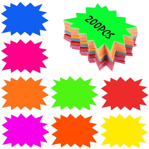 HMIEPRS 200Pcs Fluoreszierend Starburst Preisschild, Neon Papier Star Burst Verkaufsschilder, 8 Farbe Verkaufsetiketten Zeichen, Preisetiketten Display Schilder für Ladengeschäft Supermärkten von HMIEPRS