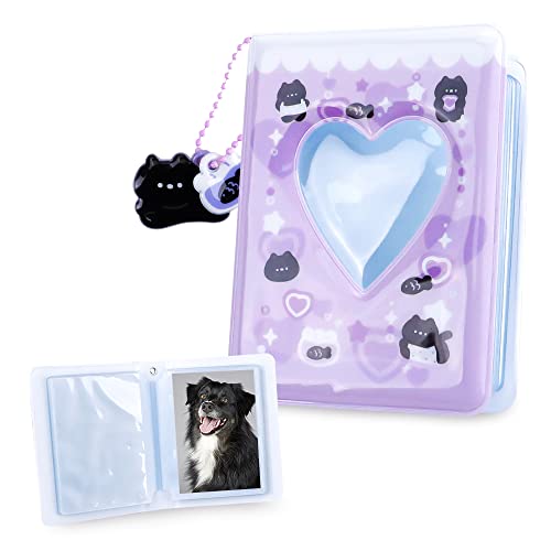 HMIEPRS 40 Taschen Mini Fotoalbum, 3-Zoll Klein Kpop-Fotokartenhalter mit Schwarzer Katze als Anhänger, Fotoalbum Einsteckalbum Liebesherz Hohl Fotohüllen für Fotos Postkarten Karte (Lila, 6 x 9 cm) von HMIEPRS