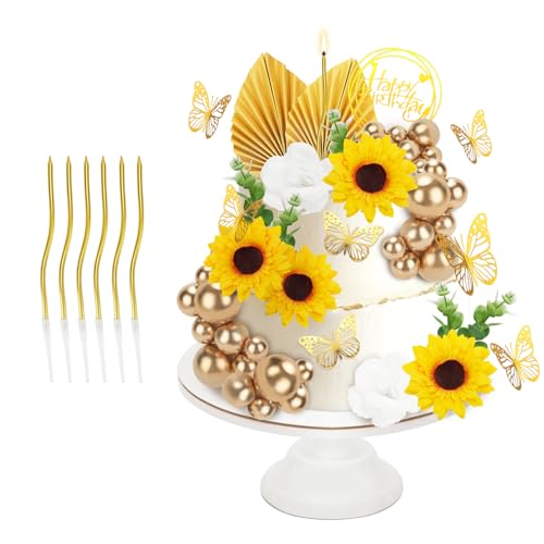 HMIEPRS 60 Stück Sonnenblume Tortendeko mit 6 Spirale Kerzen, Gold Bälle Schmetterlinge Geburtstag Kuchendekoration, Boho Kuchen Dekoration Blumen Zubehör für Hochzeit Geburtstag Party Leistung von HMIEPRS