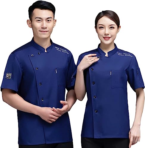Atmungsaktives Kochhemd for Damen und Herren, kurzärmlig, Netzstoff, Barista-Bäckeruniform (Color : Blue, Size : XXL-XXLarge) von HMLOPX