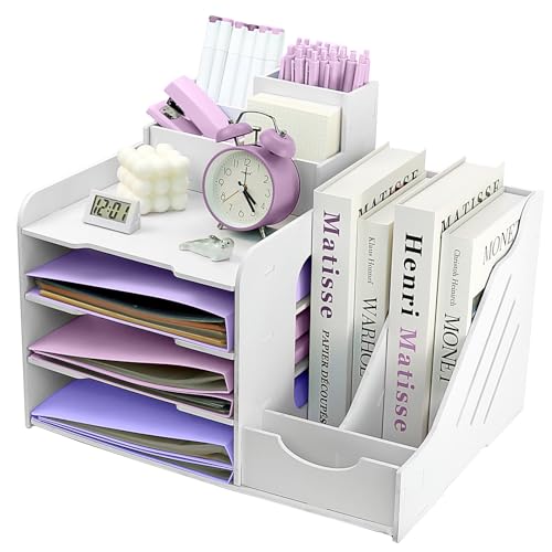 Briefablage Organizer, A4 Papier Ablagefächer, 4-stöckiges Büro Aktenablage, Schreibtisch Datei Tidy Organizer mit stapelbarer Ablage Schreibtisch Papier Organizer mit Stifthalter (weiß) von HMXLJJY