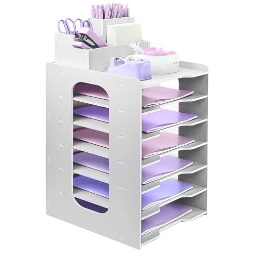 HMXLJJY Briefablage Organizer, A4 Papier Ablagefächer, 7-stöckiges Büro Aktenablage, Schreibtisch Datei Tidy Organizer mit stapelbarer Ablage Schreibtisch Papier Organizer mit Stifthalter (weiß) von HMXLJJY