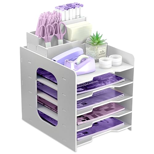 HMXLJJY Briefablage Organizer, A4 Papier Ablagefächer,5-stöckiges Büro Aktenablage, Schreibtisch Datei Tidy Organizer mit stapelbarer Ablage Schreibtisch Papier Organizer mit Stifthalter (weiß) von HMXLJJY