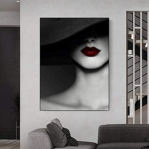 HMXQLW Leinwand Bild Schwarz Weiß Mode Hut Frau Leinwand Malerei Rote Lippen Bilder Wohnzimmer Deko, Leinwand Bilder Poster und Drucke Wandkunst Malerei Schlafzimmer Rahmenlos (60X80CM) von HMXQLW