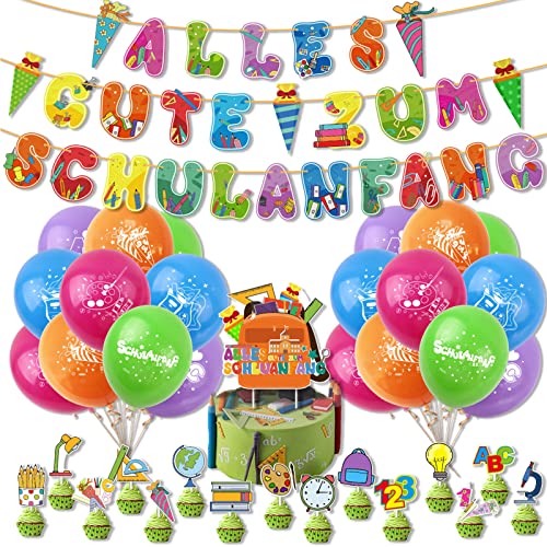 Einschulung Schuleinführung Schulanfang Deko Set für Jungen Mädchen, Alles Gute Zum Banner + SCHULKIND Girlande + Schulanfang Luftballons + Schulanfang Tortendeko mit ABC von HMYCL