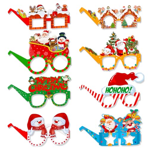 HMYCL 8 Stück Weihnachten Brille Rahmen Papier Set Weihnachten Foto Requisiten für Kinder und Erwachsene Lustige Weihnachsparty Kostüm Kreative Weihnachtsgläser Nette Partybrille von HMYCL