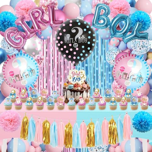 Gender Reveal Party Dekoration 118 Pcs,Gender Reveal Balloon,Ballonbogen Blau Rosa,Boy or Girl Ballon,Junge Oder Mädchen Geschlecht Offenbaren Dekorationen,mit Konfetti Tischdecke Kuchendekoration von HMYHONDI