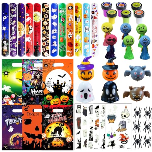 Halloween Mitgebsel Kinder,Halloween Kinder Mitgebsel Party Mitbringsel 48 Stück,Gehören Schnapparmband Kinder,Geschenktüte,Tattoo Aufkleber,Spielzeugauto,Hüpfende Elf,Stempel,Halloween Party Favor von HMYHONDI