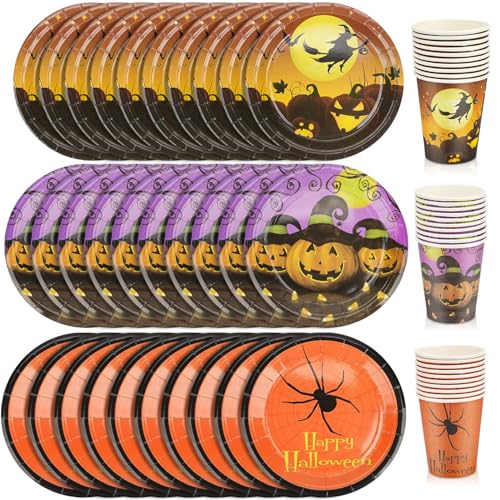 Halloween Partygeschirr Set, 60 Stück Tableware Set Party mit Becher und Teller für Halloween Geburtstag, Halloween Papiergeschirrset, Partygeschirr Kindergeburtstag von HMYHONDI