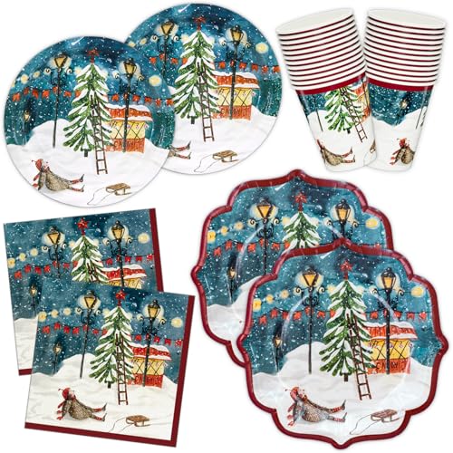 HNH 96 Weihnachten Pappteller, Servietten, Pappbecher, Dessertteller Partygeschirr Set, Weihnachtsteller, Weihnachtsservietten, Weihnachtsbecher, Mädchen sitzt im Schnee von HNH