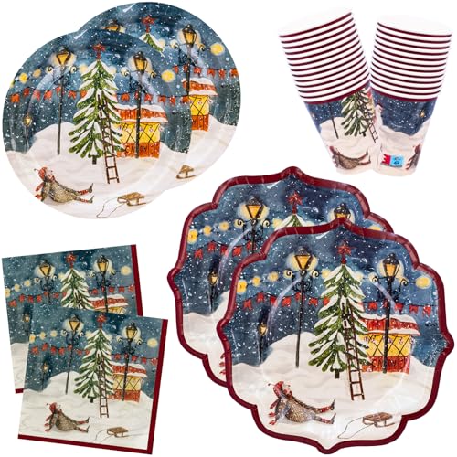 HNH 96 Weihnachten Pappteller, Servietten, Pappbecher, Dessertteller Partygeschirr Set, Weihnachtsteller, Weihnachtsservietten, Weihnachtsbecher, Mädchen sitzt im Schnee von HNH