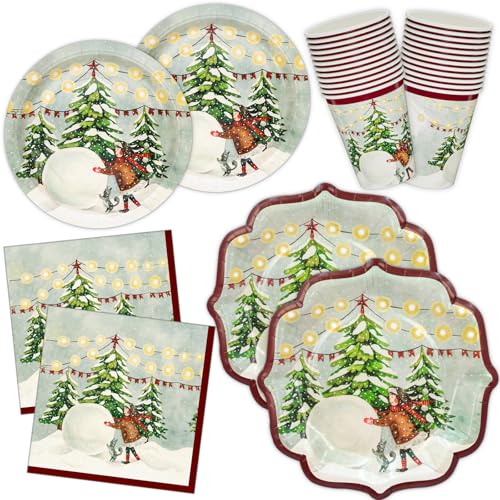 HNH 96 Weihnachten Pappteller, Servietten, Pappbecher, Dessertteller Partygeschirr Set, Weihnachtsteller, Weihnachtsservietten, Weihnachtsbecher, Mädchen spielt mit Schneebällen von HNH