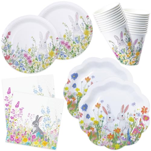 HNH Ostern Pappteller Servietten Pappbecher Partygeschirr Set 100er-set Weiß Dessertteller Papierteller Papierservietten Partyteller Deko von HNH