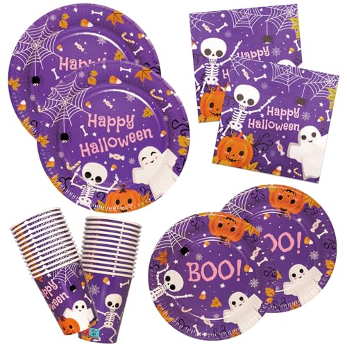 Pappteller Halloween Servietten, Pappbecher, Dessertteller 100er-Set Niedliche Gespenste Lila Partyteller Papierservietten Set Partygeschirr Deko von HNH