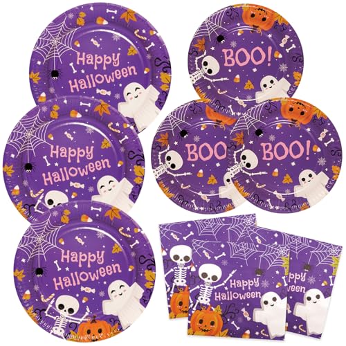 HNH Pappteller Halloween Servietten Dessertteller Set 48 Stück Niedliche Gespenste Partygeschirr Set Deko, Lila von HNH