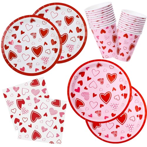 HNH Pappteller Partygeschirr Set Dessertteller, Partyteller, Servietten, Pappbecher 100er Pack für Valentinstag von HNH