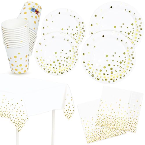 HNH Pappteller Servietten Pappbecher Tischdecke Partygeschirr Set 20er-set Weiß mit Goldfolie Gepunkete Dessertteller Papierteller Papierservietten Partyteller Deko von HNH