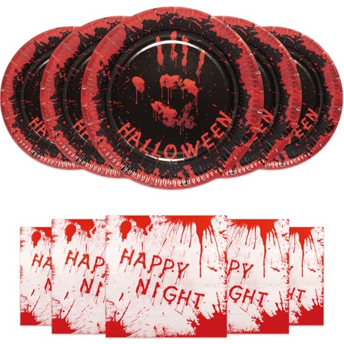 HNH Pappteller Servietten Set Halloween Blut 40er-Set Weiß Partyteller mit Papierservietten Set Partygeschirr Deko von HNH