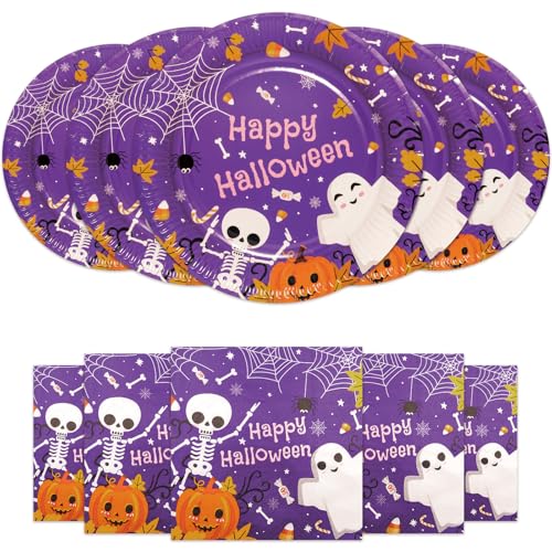 HNH Pappteller Servietten Set für Halloween 40er-Set Niedliche Gespenste Lila Partyteller mit Papierservietten Set Partygeschirr Deko von HNH