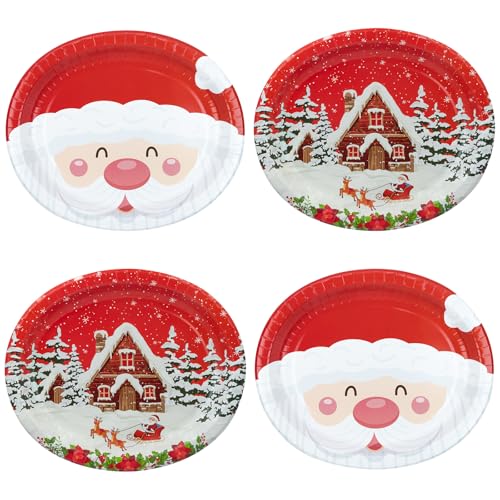 HNH Weihnachten Ovale Pappteller Set 24er-Set Weihnachtsmann und Winterhaus Große Dessertteller 32 x 27cm Buffet Papierteller Weihnachtspappteller von HNH