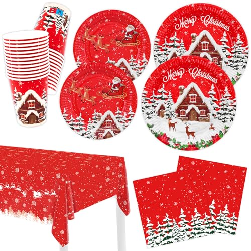 HNH Weihnachten Pappteller Servietten Pappbecher Partygeschirr 101er Set Schneeraum Rot Weihnachtsteller Weihnachtsservietten Weihnachtsbecher Tischdecke für Weihnachten von HNH