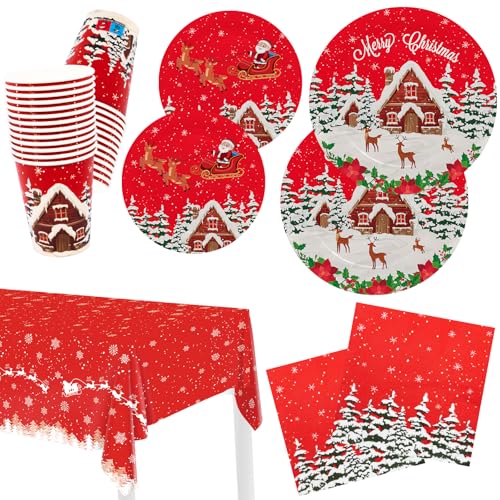 HNH Weihnachten Pappteller Servietten Pappbecher Partygeschirr 101er Set Schneeraum Rot Weihnachtsteller Weihnachtsservietten Weihnachtsbecher Tischdecke für Weihnachten von HNH