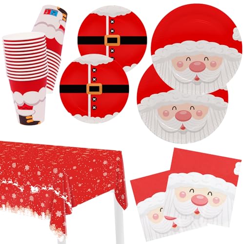 HNH Weihnachten Pappteller Servietten Pappbecher Partygeschirr 101er Set Weihnachtsmann Rot Weihnachtsteller Weihnachtsservietten Weihnachtsbecher Tischdecke für Weihnachten von HNH